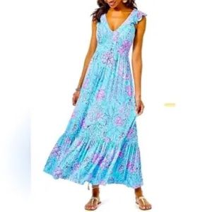 LILLY PULITZER VYRA SIZE 14 AQUA PRINT SLEEVELESS MAXI DRESS